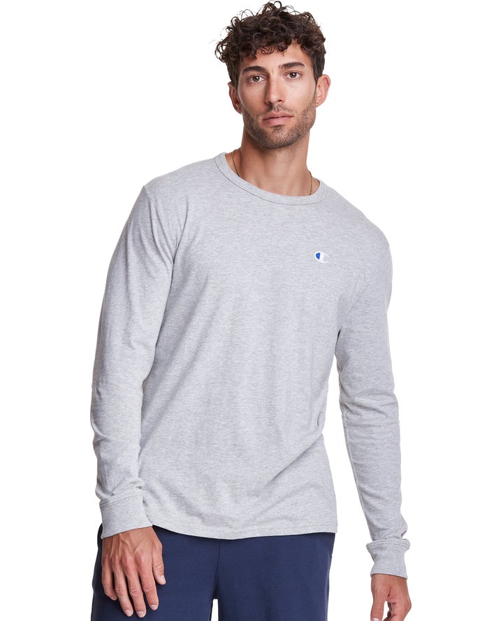 Champion Long-Sleeve Lightweight C Logo Erkek Tişört Gri ( RQTCUH941 )